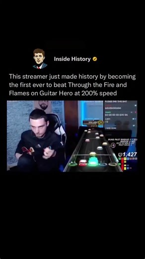 A legendary gaming moment — this streamer pulled off a world’s first by completing the notoriously difficult song Through the Fire and Flames on Guitar Hero at an insane 200% speed. With lightning-fast reflexes and unreal precision, the performance left viewers stunned and cemented its place in gaming history! (Via: @realcarnyjared) #history #videogames #reels #trending #guitarist | Inside History