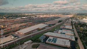 wide view of Intermodal Terminal Rail road with yard full of containers with Chicago in background. Northlake, Illinois, Union Pacific Railroad - Global II, Aerial