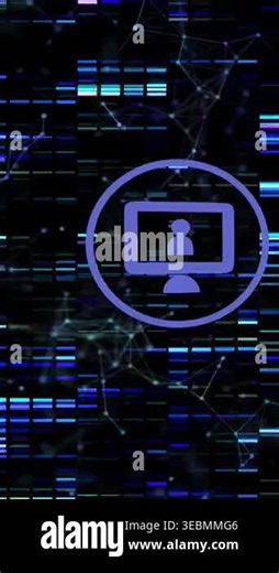 Vertical video: On enter icon centering and pulsing, bars scrolling and web shifting for data view. Monitor, avatar, matrix, visualization, network, neon, vertical video Stock Video Footage - Alamy