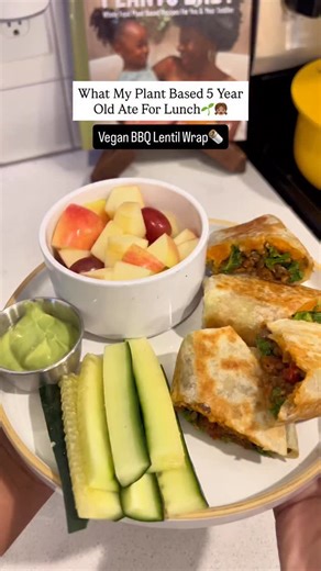 What My Plant Based 5 Year Old Ate For Lunch🌱👧🏽 (Vegan BBQ Lentil Wrap🌯) Leftovers for lunch! I made some bbq lentils recently for a stuffed sweet potato and now for a wrap!😋 I used some green lentils which are great for protein, iron, folate, magnesium and more. The wraps are from @riseandpuff with only 3 ingredients made with avocado oil. The other ingredients in the wrap were baked sweet potato, homemade avocado lime crema, & quinoa. 🥑 The milk she is drinking is @kikimilkco. This the s