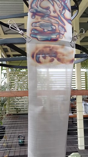 Doing some flame-painting test samples on stainless steel mesh fabric. #flamepainting #stainlesssteelmesh #metalmesh #metalfabric #flamecolours #textileartist #mixedmedia #studiosamples #colourandtexture | StudioSvenja