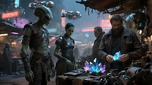 183K views · 3.1K reactions | At the scrap bazaar of Veylos Station, an alien trader exchanges one crystal for another, each side convinced they’re walking away with the better prize. #AIArt #AlienTrade #CinematicSciFi #CrystalExchange #FuturisticBazaar #Hyperrealistic #Photorealistic #SciFiMarketplace #SciFiWorldbuilding #VeylosStation | Worldbuilderscifi | Facebook