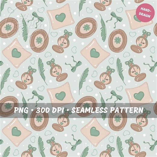 Mint Green Coquette Seamless Pattern 300 DPI Vintage Bow Heart Romantic Storybook Digital Paper PNG Surface Design - Etsy