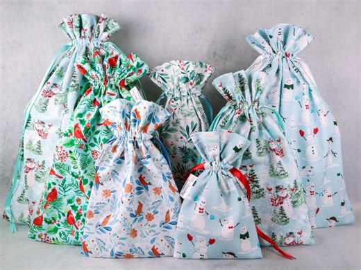 Reusable Holiday Fabric Gift Bags: Winter Prints, Drawstring Christmas Wrapping - Etsy