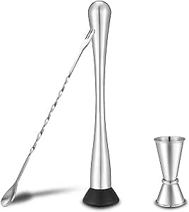 Stainless Steel Muddler for Cocktails,Mixing Spoon and Measuring Jigger,Professional Bar Tools,10-inch Bar Muddler for Making Mojitos,Margaritas and Other Fruit Based Drinks.