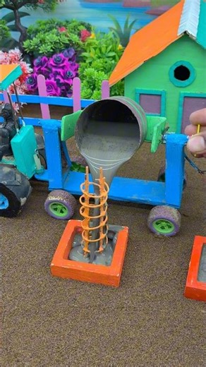 Mini Tractor Filling Rebar Foundation With Cement 🚜 | Mini Construction Build #Shorts