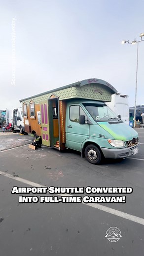 What do you think of this old airport shuttle converted into a full-time vardo caravan? This is a 2003 Mercedes Freightliner that was converted into a full-time tiny house on the road by Casa del Sol! This bus ocnversion gets 16-18mpg on the road (not bad!), featuring a a cozy living space inside with a small kitchenette, a wet bathroom with a shower & composting toilet, a sleeping area with a queen bed, & quite a bit of storage throughout! #tinyhouse #tinyhome #skoolie #campervan #caravan | Dre