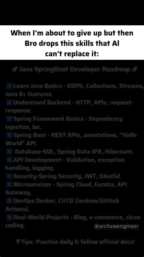 🚀 Java Spring Boot Developer Roadmap – Your Guide to Mastering Backend Development! Want to become a Java Spring Boot Developer but feel lost? 😵‍💫 Don't worry! I’m sharing the exact roadmap you need to follow to master Spring Boot, Microservices, REST APIs, Security, and more! 💻🔥 ✅ No more confusion about what to learn next! ✅ Structured learning path to help you stay on track! ✅ Stay ahead with the latest backend technologies! 📌 Check the link in my bio to get the roadmap and start your j