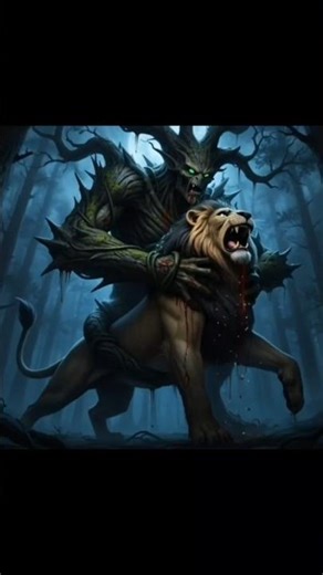 "Giant Tree Monster vs Giant Lion Beast – Epic Dark Fantasy Battle!"