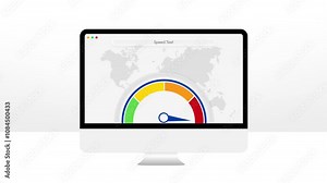 Speed test for internet 4k animation with speedometer showing needle from green to red. Internet speed testing concept infographic animation design