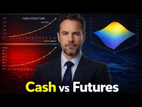 Cash vs Futures, Roll / Contango / Backwardation, and Options (Vol Surface + Greeks)