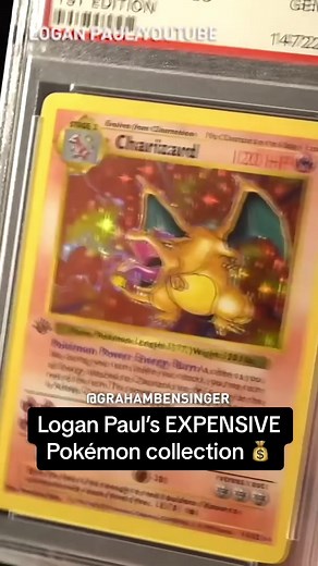 Logan Paul shows off his Pokémon collection that includes a BGS 10 First Edition Charizard card #LoganPaul #Pokémon #Collectibles