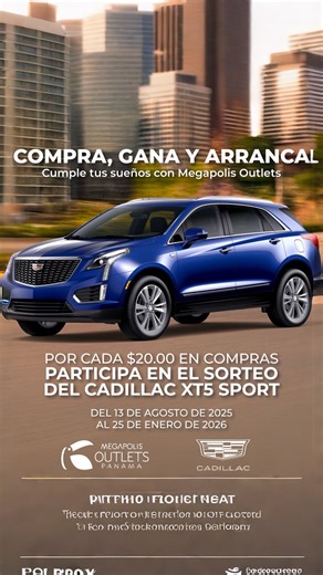 Megapolis Outlets Panamá on Instagram: "En Megapolis Outlets la cuenta regresiva continúa… ⏳🚘 Le preguntamos a nuestros visitantes cuál sería su primer destino si ganaran el Cadillac XT5 Sport y sus respuestas estuvieron llenas de sueños, viajes y emoción. 😍 Ahora queremos saber: ¿a dónde te irías tú? ✨ ⚠️ Recuerda: la cita es presencial. 📅 Domingo 25 de enero de 2026 🕢 Desde las 6:30 p.m. 📍 Plaza exterior del Centro Comercial 🏁🚗 ¡Compra, Gana y Arranca! Cumple tus sueños con Megapolis Ou