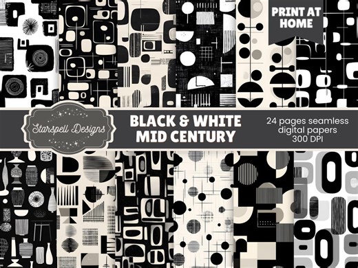 Black & White Mid Century Modern Seamless Patterns | 24 Retro Geometric Digital Papers for Scrapbooking, Journals, Crafts - Etsy