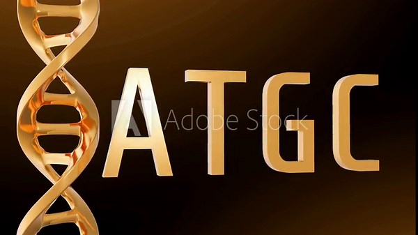 3d animation of Gold ATGC letters background. Adenine, thymine, cytosine and guanine are the four nucleotides found in DNA