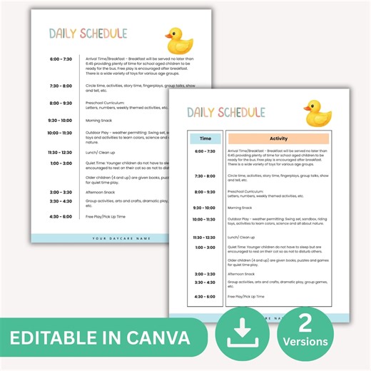 Editable Daycare Daily Schedule Template, Hourly Schedule Log, Sunday School Classroom Schedule, Home Daycare Child Care Forms - Etsy