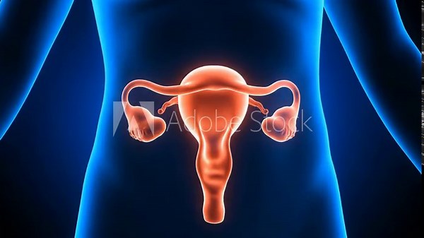 Detailed 3D X-ray visualization of the female reproductive anatomy, highlighting the uterus and ovaries within a translucent body representation, crucial for medical education and health concepts