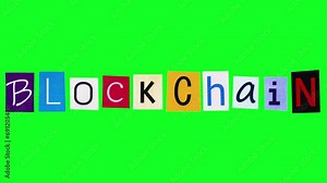 Blockchain logotype made of crumpling pieces of paper on green screen background in stop motion. Cartoon animation with business term for easy integration into any project about information technology