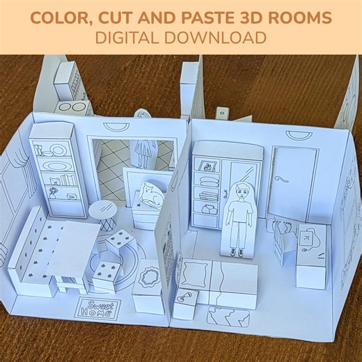 Printable 4-room Paper Dollhouse – DIY Cut, Color and Build Craft for Kids | Activity With Furniture and Rooms | Preschool & Homeschool Fun - Etsy