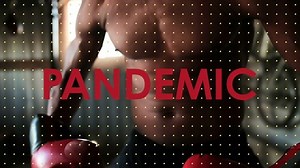 Animation of social distancing message over African American man working out, flexing muscles. Public health pandemic coronavirus Covid 19 social distancing and self isolation in quarantine lockdown c