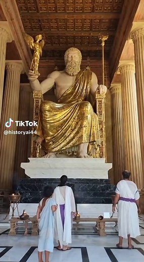 The Statue of Zeus at Olympia was one of the Seven Wonders of the Ancient World, built around 435 BC by the sculptor Phidias. It stood over 12 meters tall, made of ivory and gold, and depicted Zeus seated on a grand throne inside his temple. Pilgrims traveled from all over Greece to see it, believing his gaze could strike awe or fear. The statue symbolized divine power and human craftsmanship. #ancient #greece #history #fyp #viral