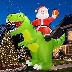 Christmas Inflatables Decorations 9x8FT Santa Riding Giant Dinosaur Christmas Blow Up Yard Decoration Outdoor Blowups Built-in LED Lights for Holiday Party Xmas New Year