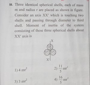 Three identical spherical shells, each of mass m and radius r a... | Filo