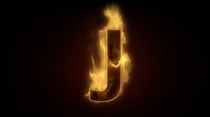 Fiery letter J burning in loop with particles