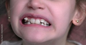 A young girl smiles and shows her crooked teeth. Mouth close-up.