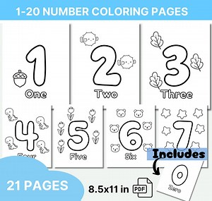 Numbers Coloring Pages, 1 to 20 Printable Coloring Pages, Learning Numbers, Preschool Coloring Pages, Kindergarten Coloring Pages, 21 Pages - Etsy