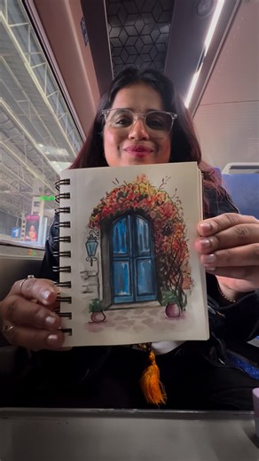 Vinuta Joshi on Instagram: "I don’t usually fill my travel time with endless scrolling or conversations. I like filling it with colours instead 🎨 Sketching on a train was new for me. There was a little hesitation in the beginning, and then I let the colours flow naturally ✨ This is part two of that journey. I’d love to make more of these series thing! would you watch them? . . . . __________________________ [painting on train, sketching on the go, travel art vlog, artist reel, sketchbook art, w