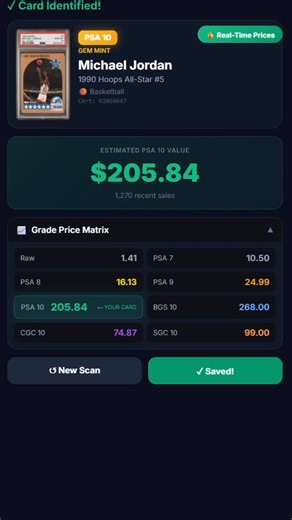 Slabtrack on Instagram: "Scan any PSA slab. Get the value instantly. Just scanned this Michael Jordan 1990 Hoops All-Star PSA 10. 📱 Point your camera at the slab 🔒 SlabTrack reads the cert number automatically 💰 Real prices from 1,270+ recent sales PSA 10 Value: $205.84 Works with PSA, BGS, SGC, CGC — any grading company. No manual lookup. No typing cert numbers. Just scan and know. Try it free → slabtrack.io (link in bio) #sportscards #PSA #sidehustle #TCG #cardflipping"