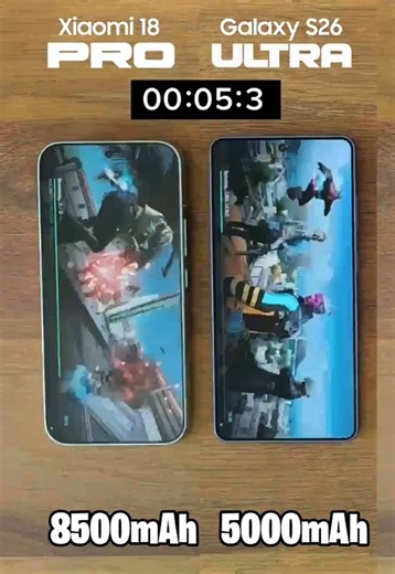 On-Screen Text: 8,500mAh vs 5,000mAh Extreme Battery Test 🔋 How does a 3,500mAh battery difference hold up in real life? 📱 Xiaomi 18 Pro (8,500mAh): 11h 50m 📱 Samsung S26 (5,000mAh): 10h 49m Gaming and standby loops reveal how close efficiency can push a smaller battery! 🤯 Thoughts? 👇 ⁠#BatteryDrainTest⁠ ⁠#Xiaomi18Pro⁠ ⁠#SamsungS26⁠ ⁠#TechComparison⁠ ⁠#MobileGaming⁠