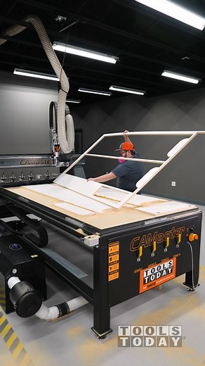 ToolsToday on Instagram: "Cutting out the parts for the melamine cabinet project we are working on! All of the hinge holes, screw locations, shelf pin holes and Festool Domino connector holes were all cut on the machine, which will make assembly much easier. The machine made quick work of this cutting the entire sheet in just under 15 minutes, in real time. All tools used in the video are available on our website and listed below! -- CAMaster Panther PT-408 CNC machine Amana Tool 3/8" Downcut bi