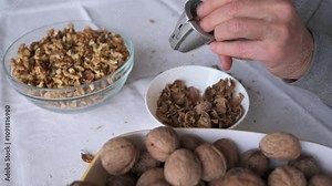 Cracking and extracting a walnut kernel with a steel nutcracker by squeezing the handles with male hands.