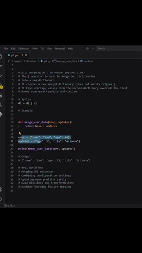 Python Dict Merge in 30s 🔥 | Replace .update() with | (Python 3.9+) #coding #hitcodear #programming
