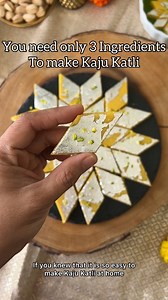 🔮 Kaju Katli - 3 Simple ingredients ( 2 optional) made a Kesariya version & it was soooo good. Loved the colour & the hint of pista. Share this with someone who loves Kaju Katli Ingredients - 💡250 g Cashew (Make a powder & seive it) 💡3 tbsp Milk Powder 💡200 g Sugar (about 1 cup) 💡1/3 cup Water 💡1/4 cup Chopped Pista 💡A pinch of Saffron mixed with water 💡Varq for decorating Method - 1. Make cashew powder by pulsing the cashew. Do this in small batches. Heat sugar with water and make a syr
