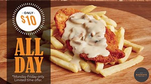 Our Lunch From $10 menu is now available ALL DAY Monday-Friday! Including our freshly-crumbed Chicken Schnitzel & Chips for JUST $10! Book now on 13000 13000 or visit www.rashays.com | RASHAYS