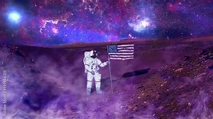 Alien Planet Astronaut puts American Flag on it in Future, 4K some elements furnished by NASA images