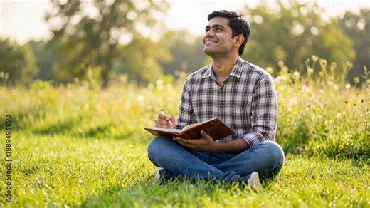 Young indian man writing in a journal while sitting in a spring meadow, looking up and smiling with a hopeful expression
