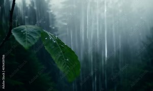 Heavy rain falls on a green leaf in a misty forest, showcasing nature's serene beauty. Experience the tranquility of lush foliage and calming rain