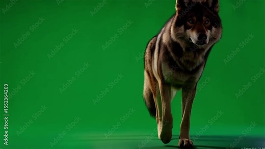 A wolf stands alert, facing forward, against a bright green screen background in a studio setting green screen video