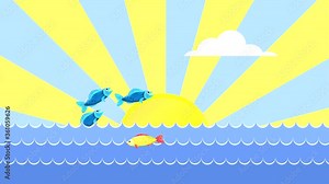 Looping animation with jumping fish and a dolphin on the sea against the background of the rotating rays of the sun on a blue sky with clouds. High quality 4K flat video with moving pictures.