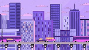 Evening traffic vehicles highway line cartoon animation. Dusk city life 4K video motion graphic. Late afternoon driving automobiles roadway skyscrapers buildings 2D linear animated cityscape