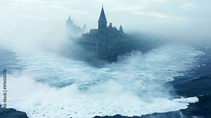 Mysterious Foggy Castle with Waves Crashing in the Ocean