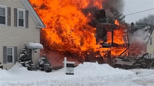 Raging fire engulfs Massachusetts home following explosion