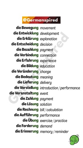 Here’s a list of common German nouns ending in “-ung”. #learngerman #deutschlernen #germanlanguage #deutschkurs #german #deutsch #languagelearning #germanlearning #studygerman #germancourse #GermanVocabulary #LanguageLearning #germangrammar #germanspired | Germanspired