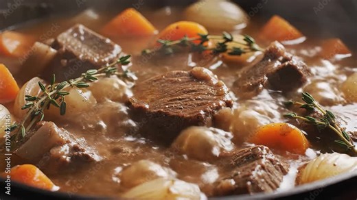 A steaming rich and savory beef stew brimming with tender chunks of slowcooked meat vibrant orange carrots pearl onions and fresh green thyme sprigs simmering gently in a deep brown gravy creating a .