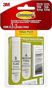 Command Medium and Large Picture Hanging Strips, Damage Free Hanging Picture Hangers, No Tools Wall Hanging Strips for Living Spaces, White, 4 Medium Pairs and 8 Large Pairs