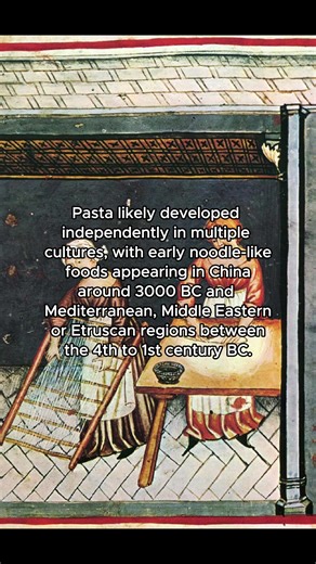 Pasta likely developed independently in multiple cultures, with early noodle-like foods appearing in China around 3000 BC and Mediterranean, Middle Eastern or Etruscan regions between the 4th to 1st century BC. #pasta #foodhistory #pastalover #historytok #historytiktok